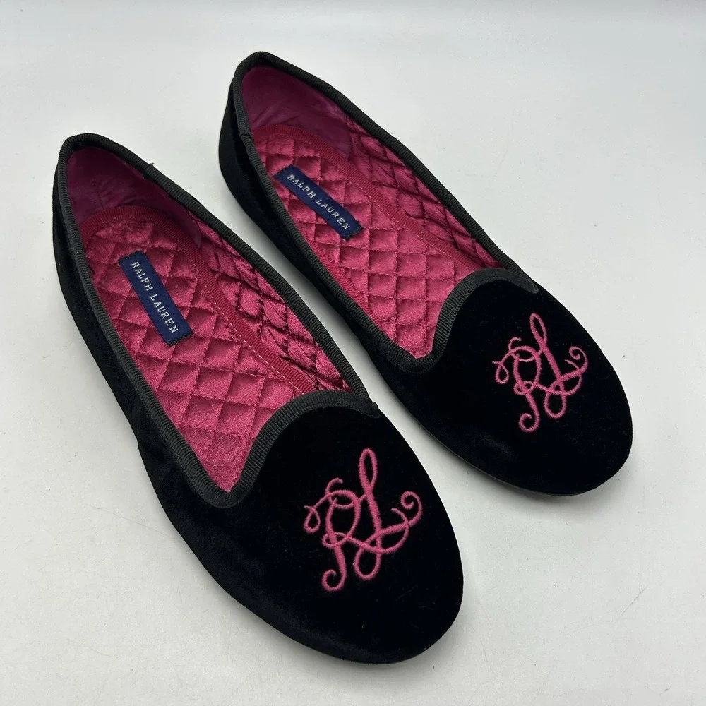 Lauren Ralph Flats Girls 3.5 Black Velvet Slippers Monogram Smoking Old Money